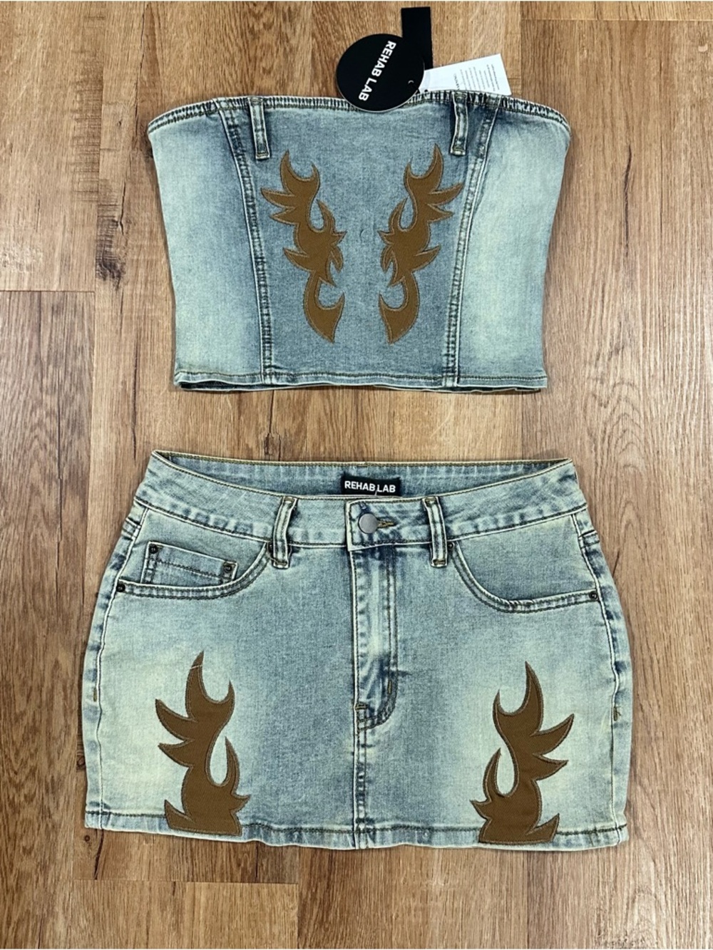 Rehab Light Blue Denim Mini Skirt and top two piece set Brown Flame Appliqués